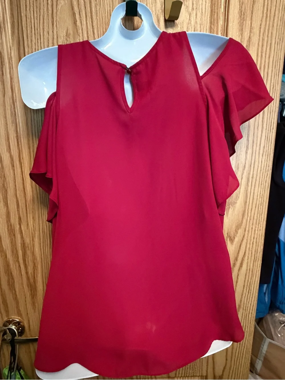 BCX Red Cold-Shoulder Ruffle Blouse - Picture 4 of 6